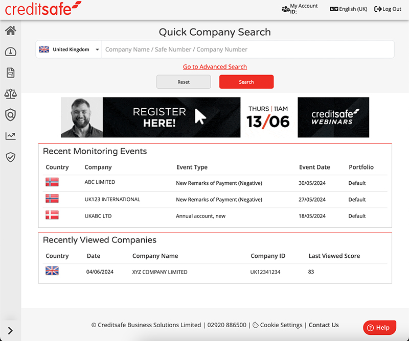 A dashboard view of Creditsafe's Accelerator Platform