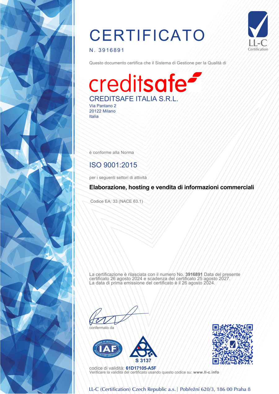 Certificato ISO 9001 - Creditsafe Italia